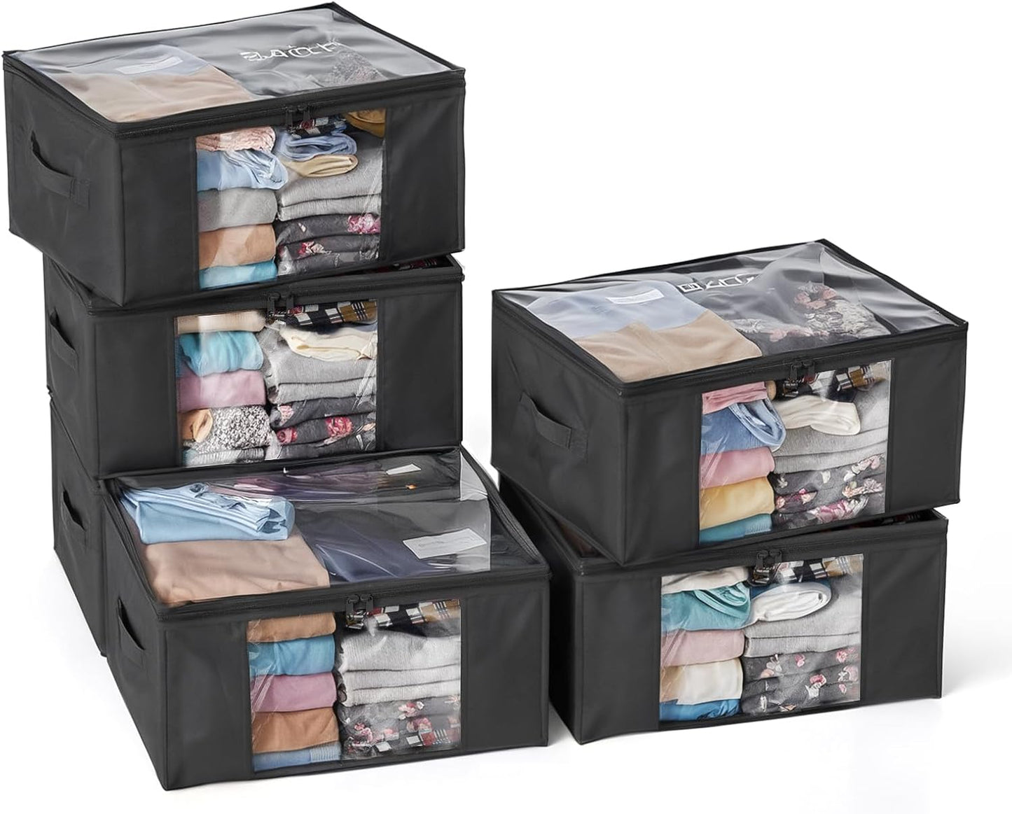 Hopack Clothes Storage Bags, Foldable Thick Fabric Blanket Storage Bags, Large Clear Window & Carry Handles, Great for Clothes, Blankets, Closets, Pillows, Toys (Black, 6PACK)