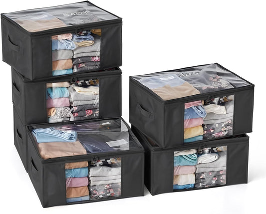 Hopack Clothes Storage Bags, Foldable Thick Fabric Blanket Storage Bags, Large Clear Window & Carry Handles, Great for Clothes, Blankets, Closets, Pillows, Toys (Black, 6PACK)