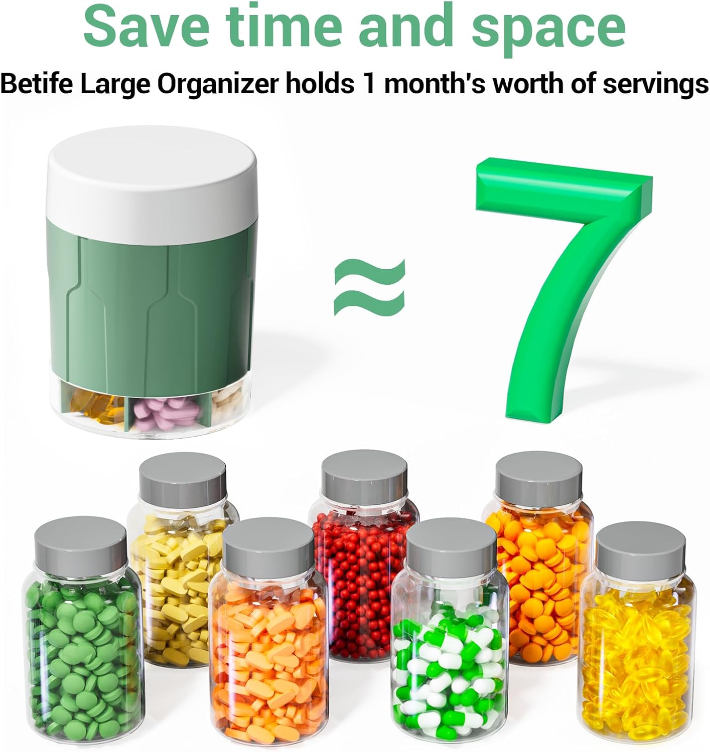 Betife Extra Large Supplement Organizer,Weekly Pill Organizer Bottle, Daily Pill Dispenser with 7 Large Compartments, Organizer to Hold 7 Day Vitamin Medication,21 Labels and a Cleaning Brush（Green）