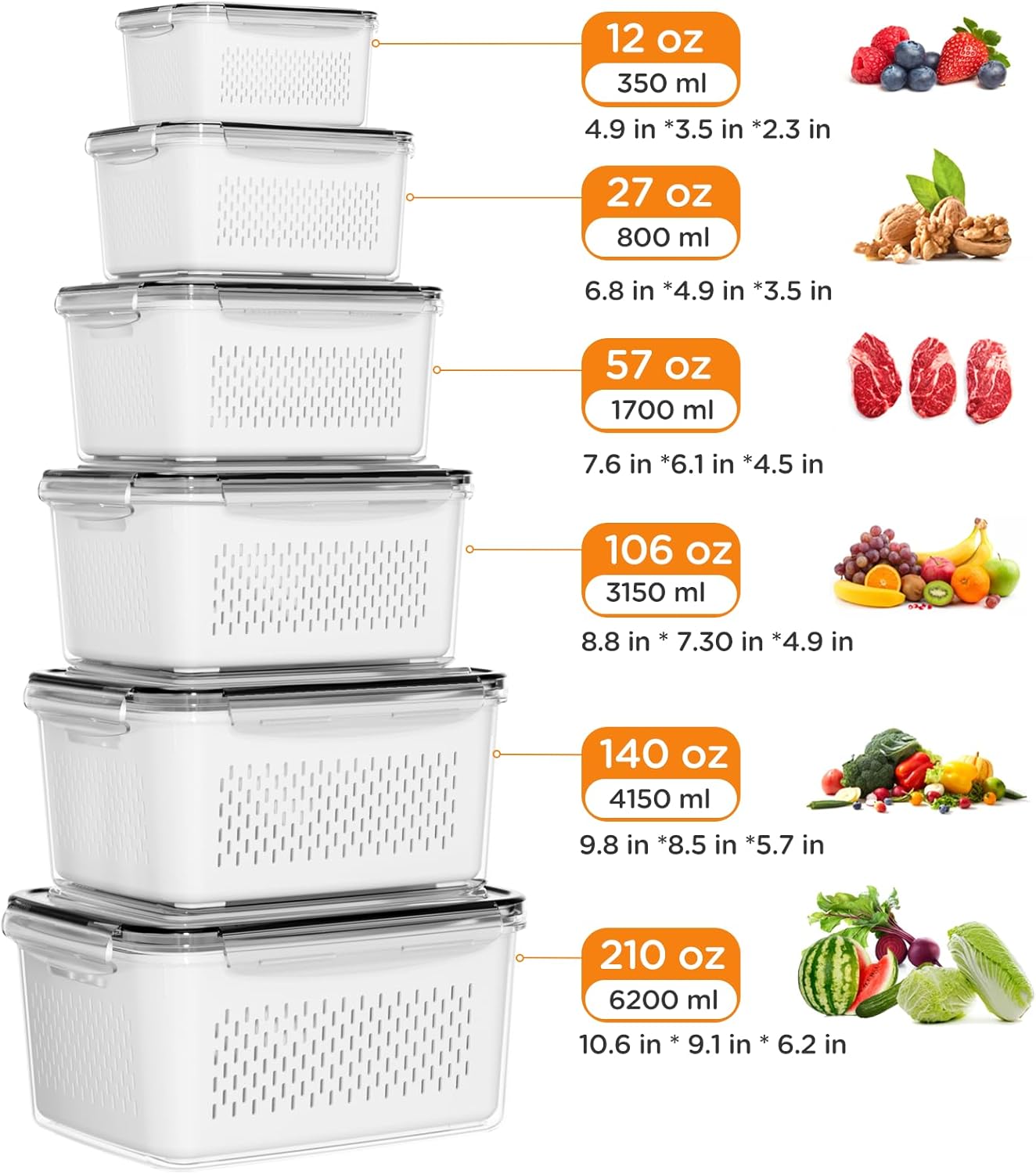 6 PCS Fruit Storage Containers for Fridge with Removable Colanders, 6 Plastic Food Storage Containers with 6 Lids, Leakproof Produce Containers Keep Fruits, Vegetables, Berry, Meat Fresh Longer