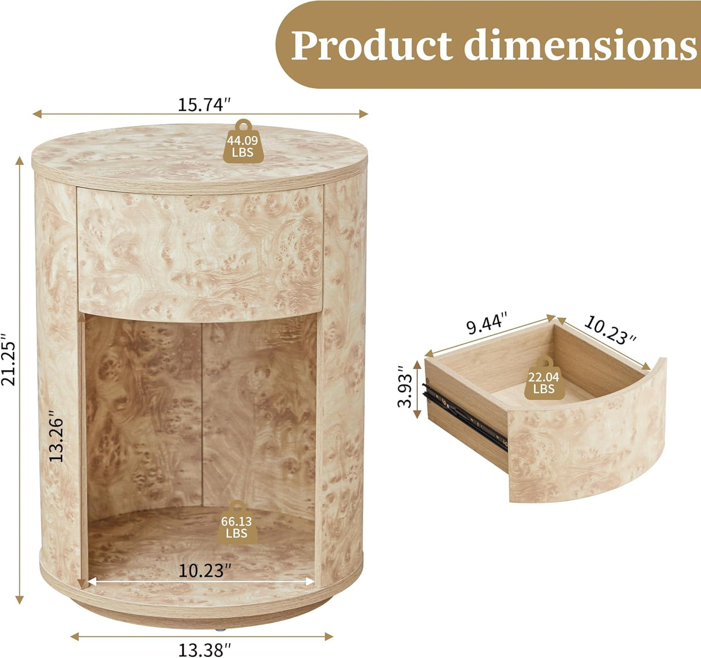 Side Table with Drawer, Round Bedside Table with Open Shelf, Farmhouse Burl Wood Nightstand Accent Table for Living Room, Bedroom (Natural, 1-Pack)