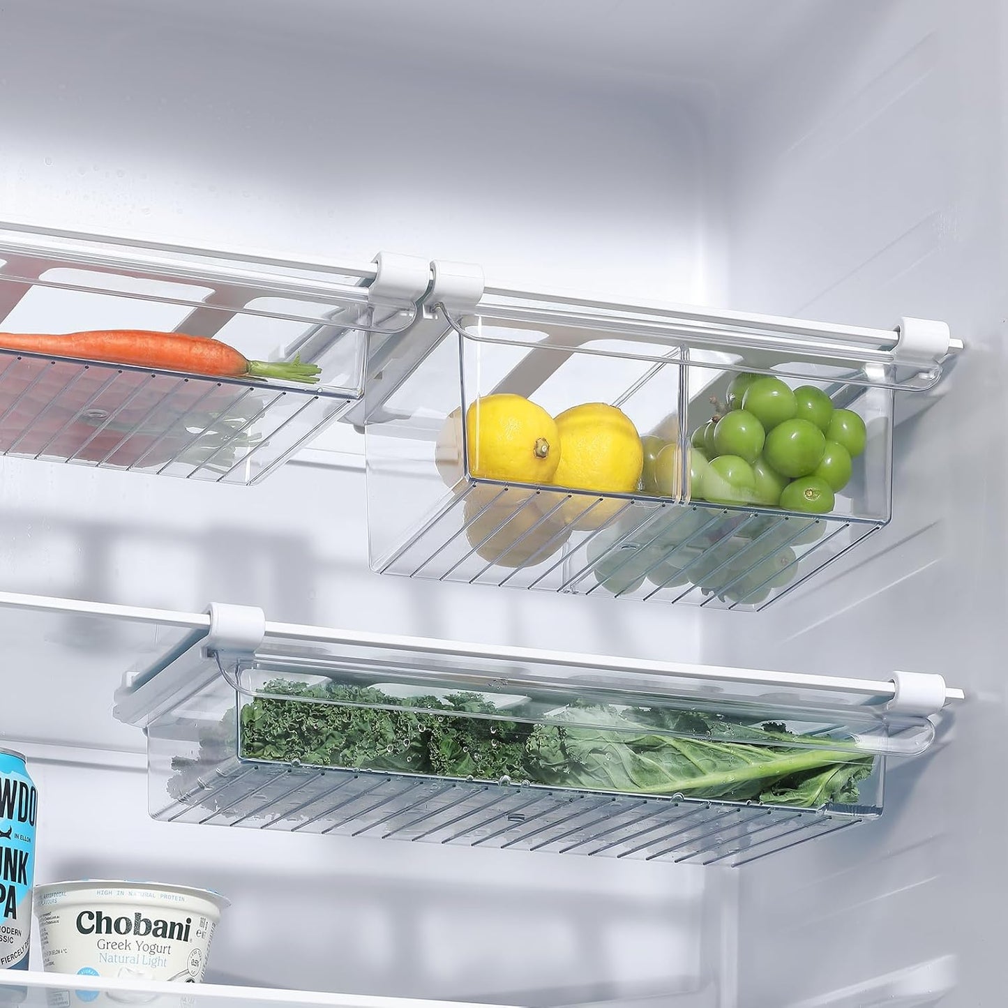 Pull-Out Fridge Drawer Organizer - Under Shelf Storage Bins for Refrigerator Organization for Fruits Vegetables, Cheese & Deli (Flat & Wide)