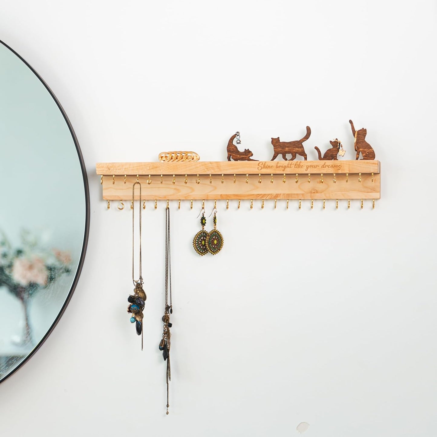 Wooden Jewelry Organizer for Women, Wall Mounted Necklace & Earring Holder with Decor, Personalized Gift Idea for Girlfriend, Anniversary, or Vanity Storage