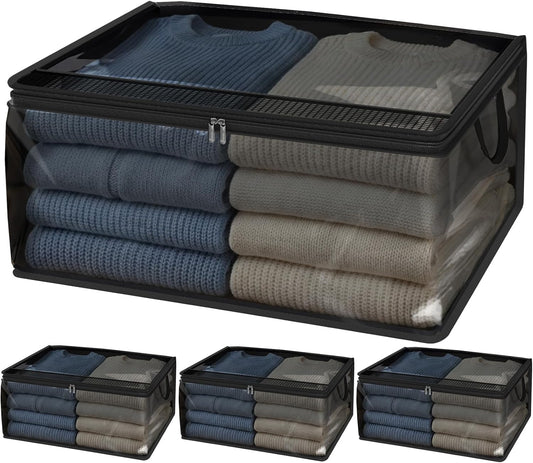 Fixwal 60L Blanket Storage Bags 4 Pack Clothes Storage Bins Foldable Thick Closet Organizers Storage Containers with Reinforced Handle for Clothing, Blanket, Comforters, Pillows(Black,PVC)