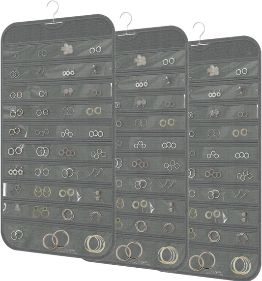 3PCS Hanging Jewelry Organizer with 80 Pocket Double-Sided Jewelry Holder Storage Wall Door Closet Accessories Organizer for Earrings, Necklaces, Rings (Grey)
