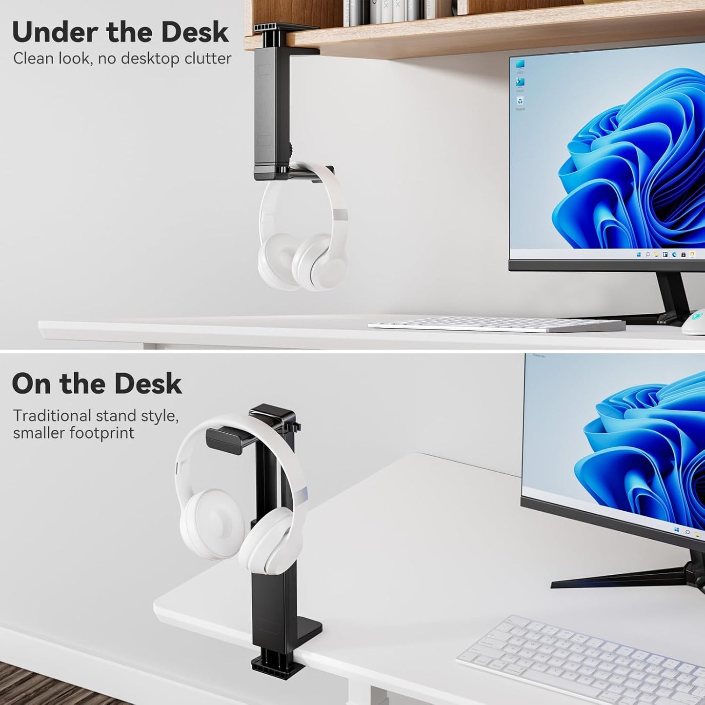 Headphone Stand Under-Desk or Headset Holder Above-Desk, Headphone Hanger & Headset Hook Under Desk Mount with Spring Clamp & Height Adjustable & Cable Clip for Gaming Gift Accessories