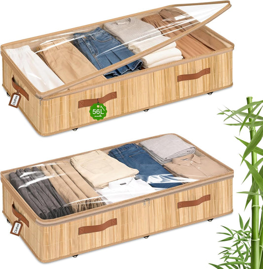Livole 3 Pack Bamboo Under Bed Storage with Wheels, 6 inches Underbed Storage Containers, 56L XXL Rolling Under Bed Storage Bins with Clear Lid & Label for Clothes, Blankets, Sweater, Shoes