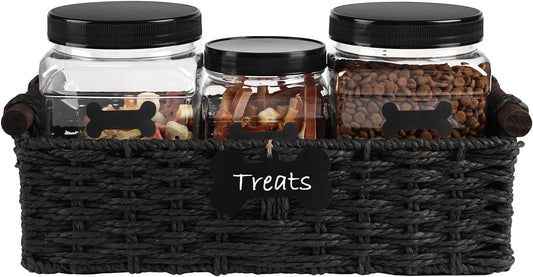 Geyecete Dog Treat Container for Countertop 3 Pack Clear Plastic Jars with Lids Pet Snack Organizer 32 Oz Square Containers with storage baskets
