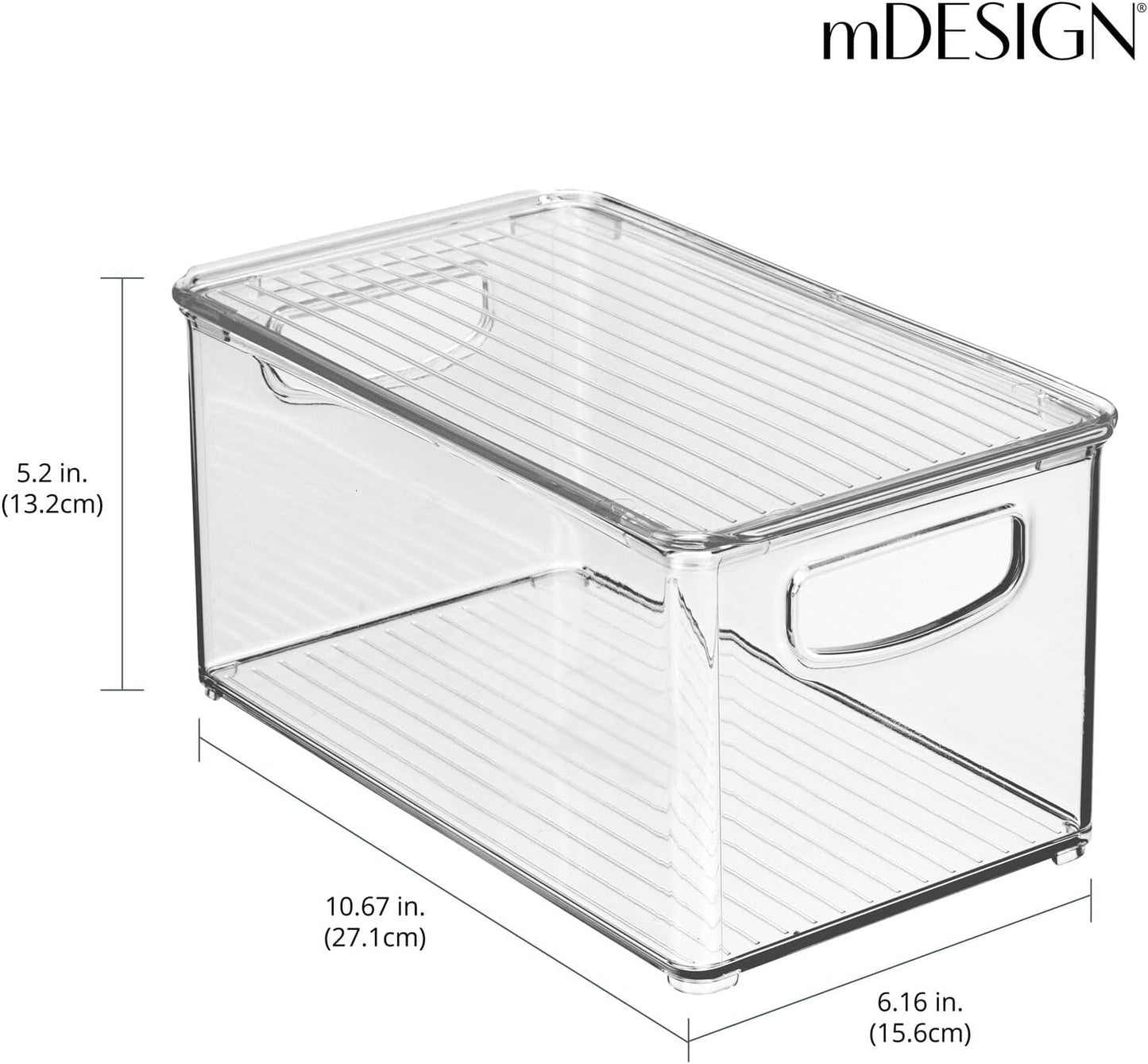 mDesign Plastic Deep Storage Bin Box Container with Lid and Built-In Handles - Organization for Fruit, Snacks, or Food in Kitchen Pantry, Cabinet, or Cupboard, Ligne Collection, 4 Pack, Clear