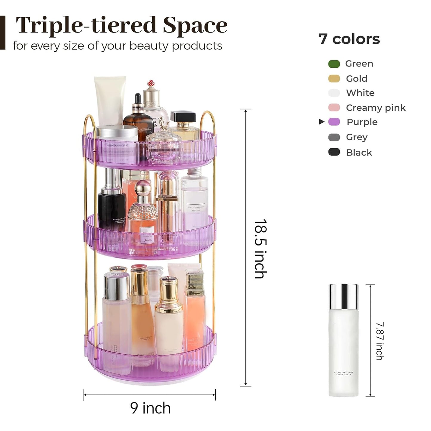 Aveniee Rotating Makeup Organizer for Vanity, Perfume Skincare Organizerss Large, Spinning Bathroom Counter Shelf Holder for Cosmetics, Skin Care, Lipsticks,3 Tiers, Purple