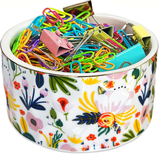 Paper Clip Holder Ceramic Paper Clip Holders Garden Floral Paperclips Holder Dispenser Cute Gold Line Paper Clip Organizer for Desk Binder Clip Holder Bobby Pin Hair Gift for Office Mint Flowers
