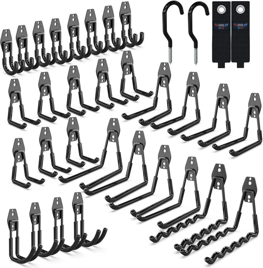 3-H Garage Wall Hooks 34 Pack, Garage Hooks Heavy Duty with Extra Welding Spots, Wall Mount Storage Organizer for Hanging Garden Lawn Tools, Ladder, Bike, WeedEater, Chair, Shovel, Blower (Black)