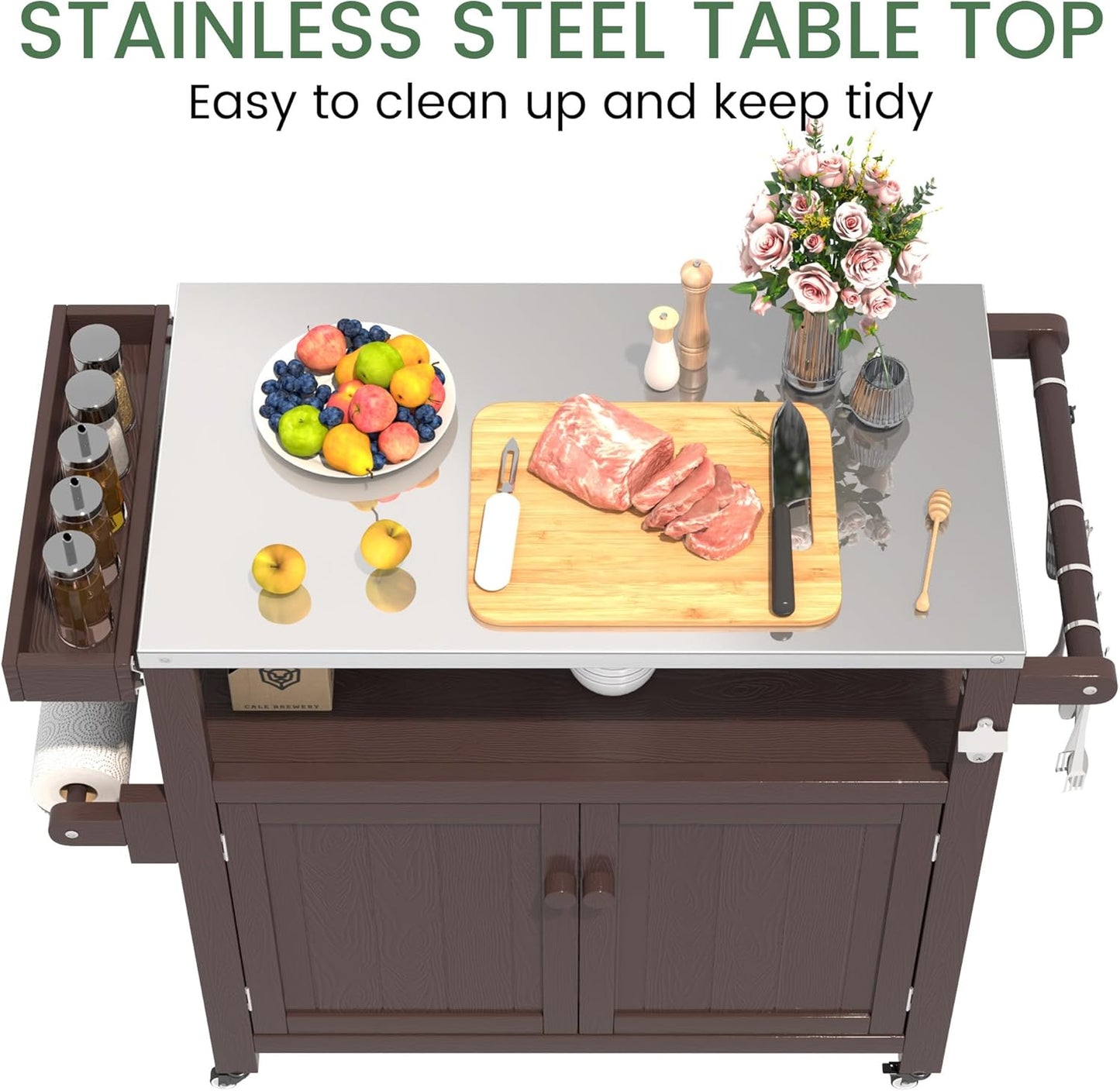 Weatherproof HIPS Outdoor Kitchen Island with Stainless Steel Top & Storage Cabinet, Movable Prep Table with Wheels for BBQ Food Prep, Outdoor Grill Cart for Parties, Brown