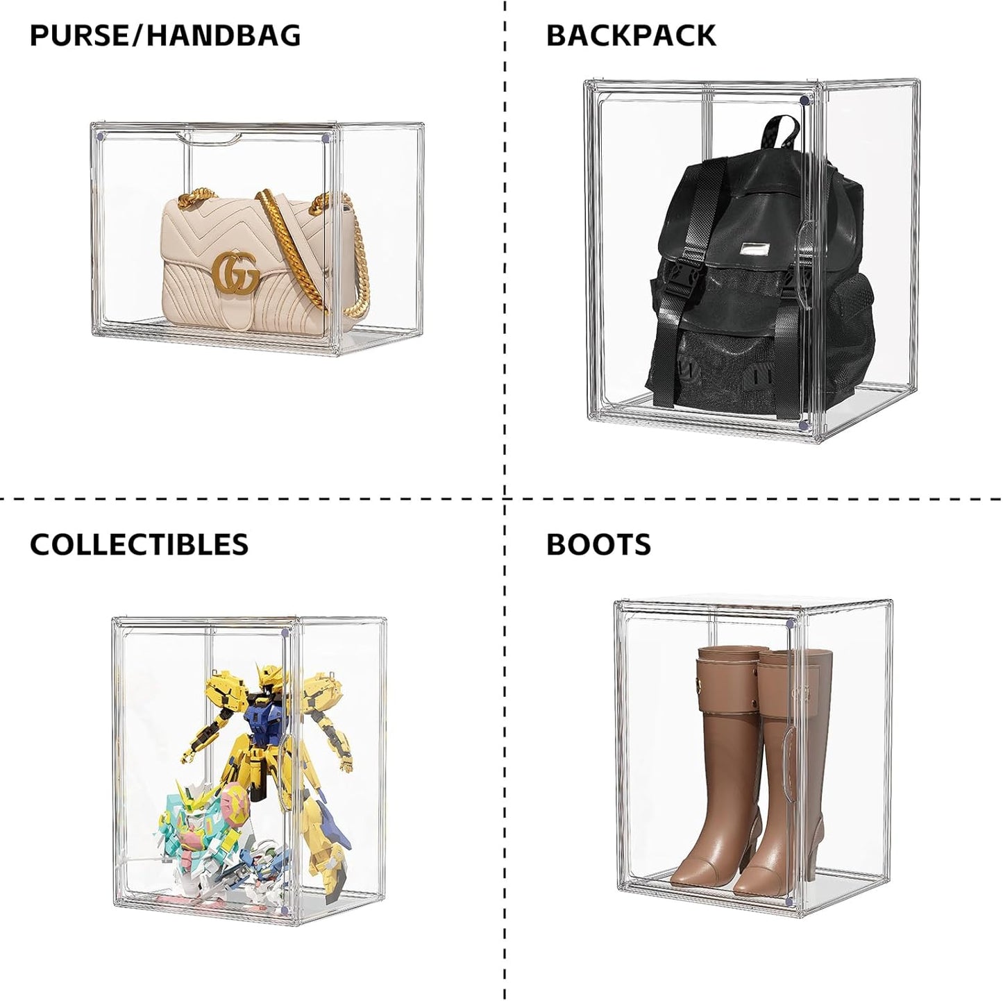 Purse Storage Organizer for Closet 3 Packs Clear Handbag Storage Organizer Acrylic Display Case for Collectibles Stackable Bag Organizer with Magnetic Door for Backpack, Figure, XXX-Large