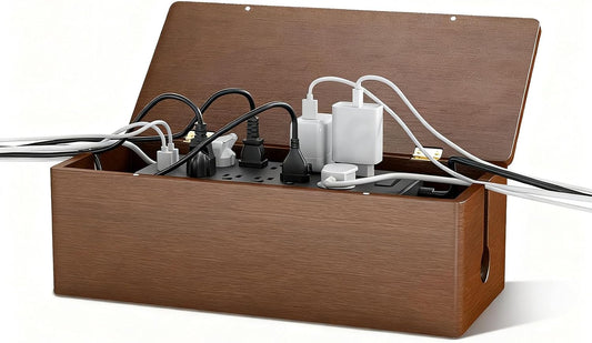 Delamu Cable Management Box Wooden with Magnetic Lid, Duty Desk Cord Organizer Power Strip Cover Box with Ventilation for Desk, Floor, Home Office, Baby Pets Safe Storage Solution