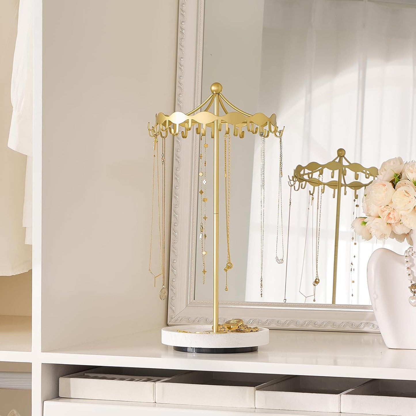 Lolalet Rotating Necklace Holder Stand with Metal Hooks, Spinning Display Carousels, Freestanding Organizer Hanger, for Long Necklaces Chains -Gold