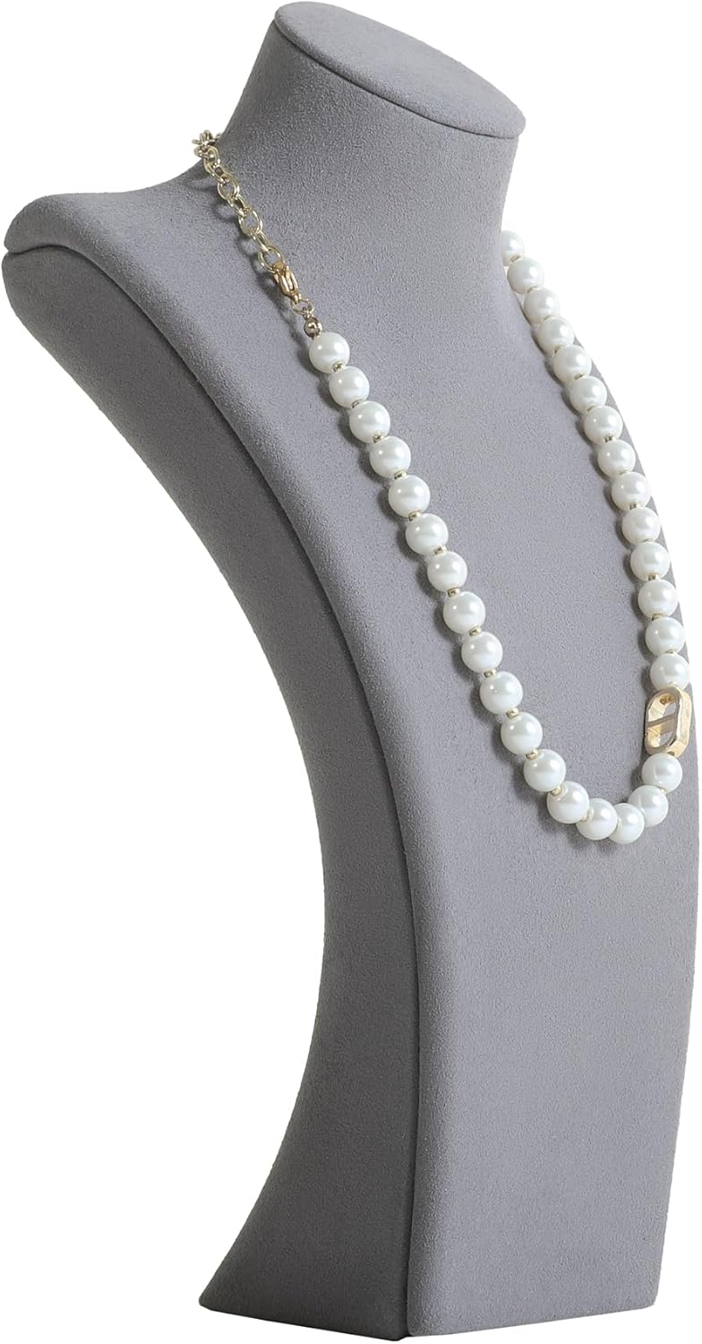 GemeShou Grey necklace storage organizer for sale, Velvet necklace holder stand, jewelry bust display stands, Jewelry Mannequin for Countertop, Showcase【Grey-Medium height 10.43 inch】