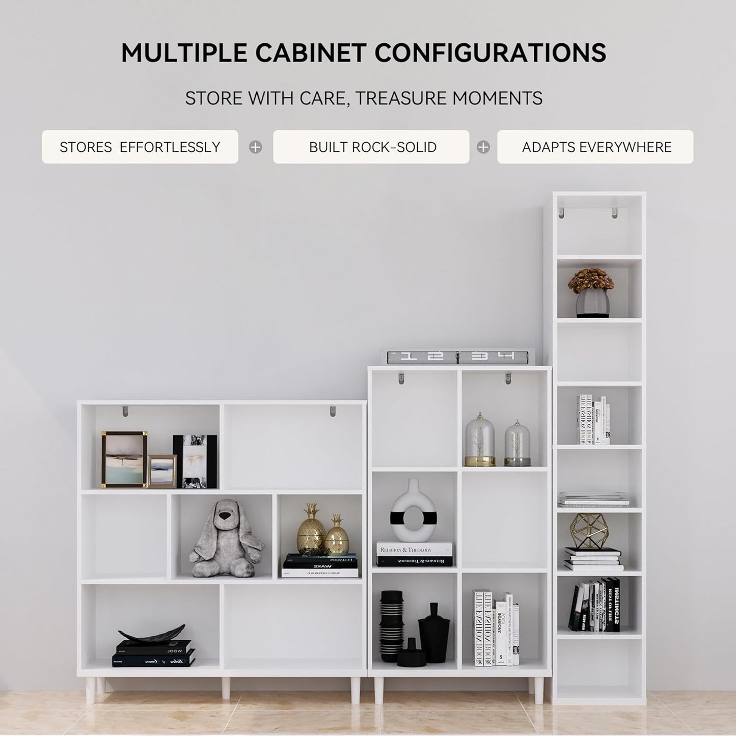 Wood Cube Storage Organizer White Bookshelf - 1-Tier Freestanding Storage Cabinet with Legs for Home Office, 8-Cubes Open Shelf