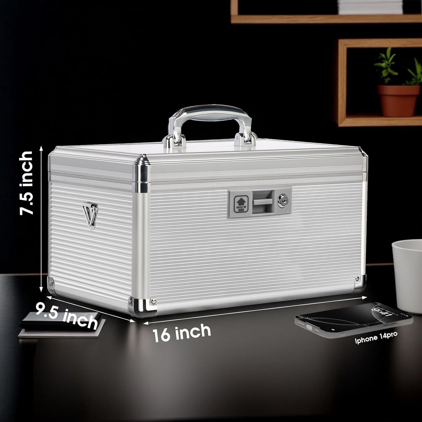 Medicine Lock Box with Key, Alluminum Alloy Box for Medication,First Aid Box with a Removeable Tray to Store Medicines & Pills for Home, Silver, 16 * 9.25 * 7.48 Inch
