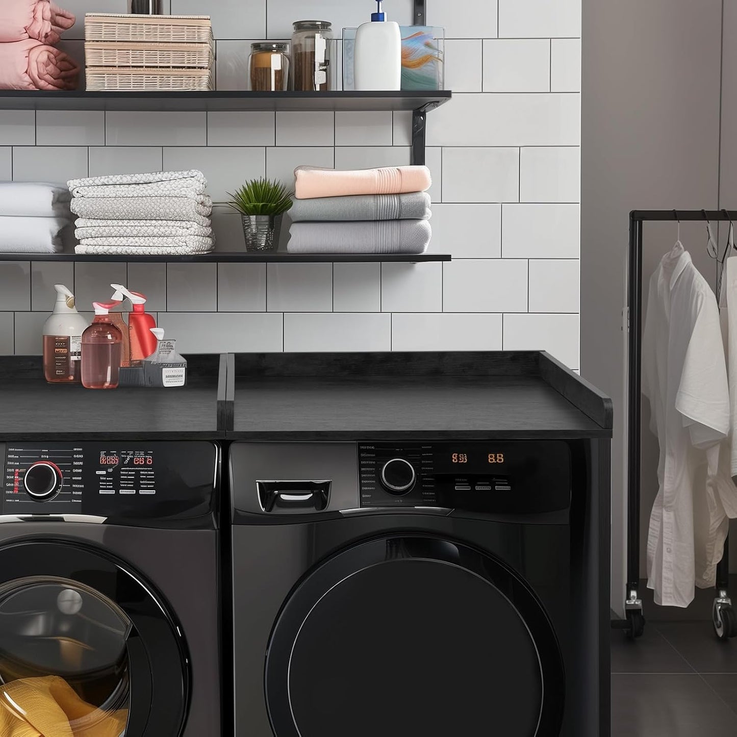 Washer Dryer Countertop, Wooden Laundry Countertop Set of 2 Dryer Storage Shelf for Laundry Room Organization (27.5" x 54") (Black)