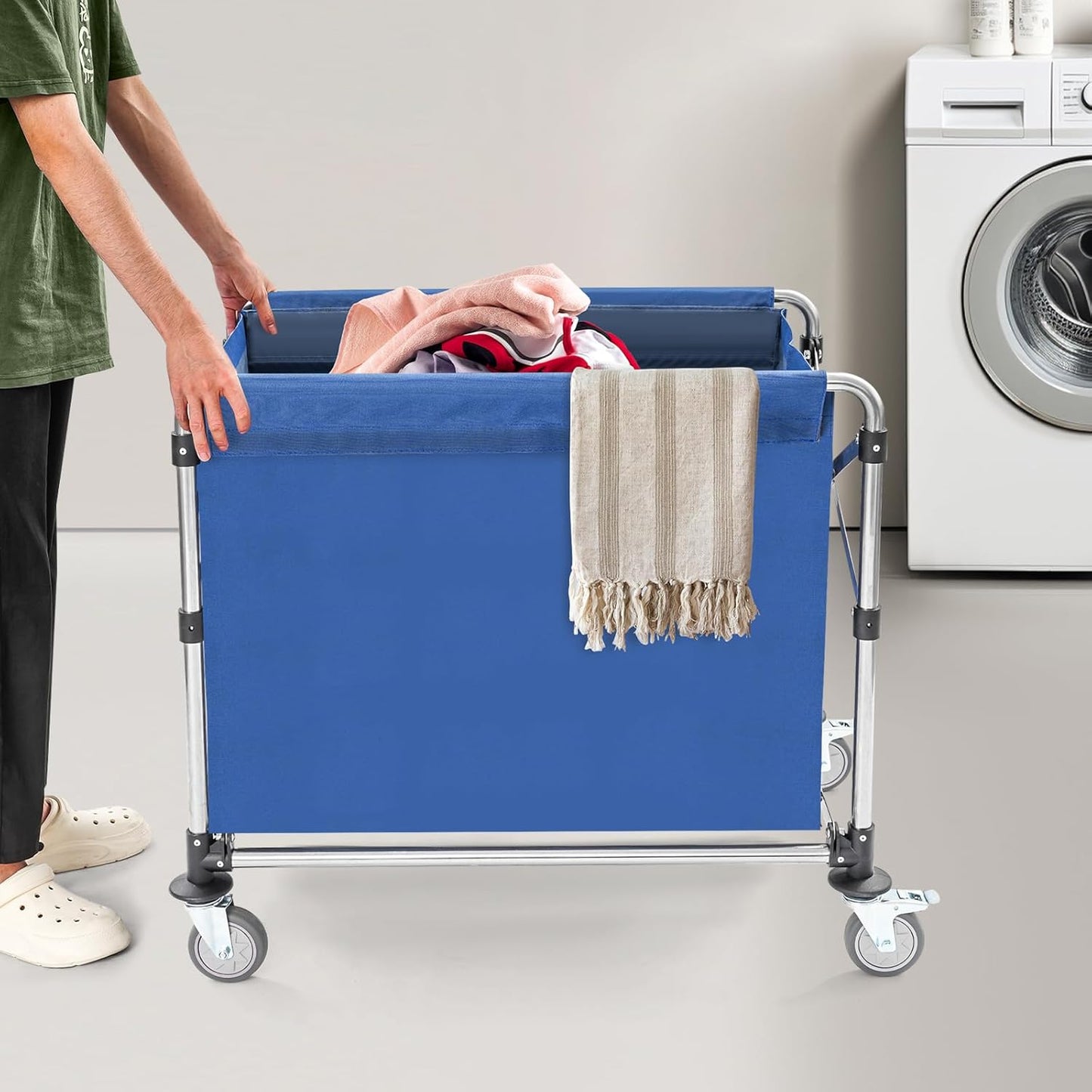 Commercial Laundry Cart with Wheels,Folding Laundry Hamper Cart,Heavy Duty Rolling Basket with Large Capacity, Sorter Trolley for Home Hotel Apartment (Blue, 34.25 * 20.47 * 30.7in)