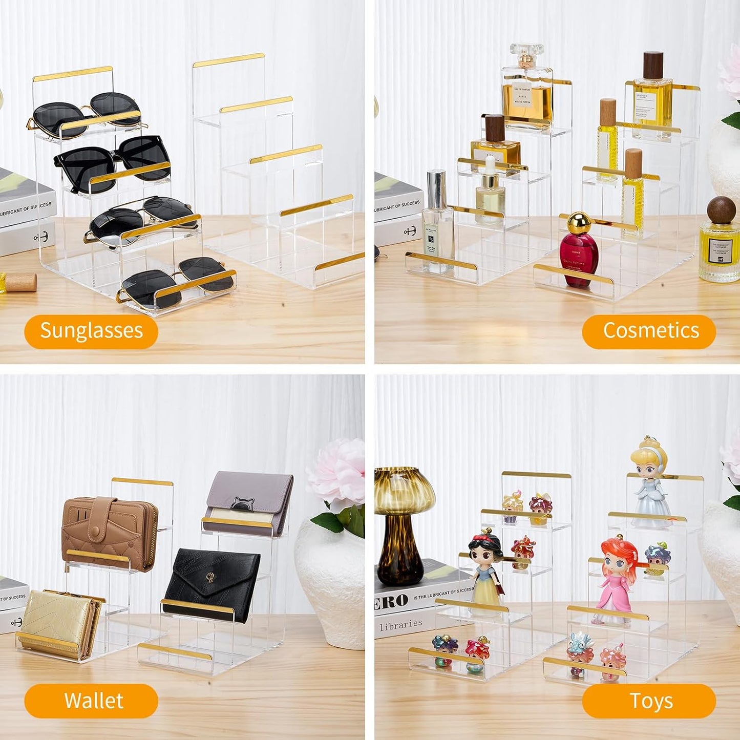Purse Display Stands, 2 Pack 4-Tier Acrylic Wallet Holder Risers Stand, 2-Inch Spacing Clear Clutch Rack Handbag Display Shelf, 4MM Thick Counter Wallet Organizer for Figure Sunglasses Retail Vendor