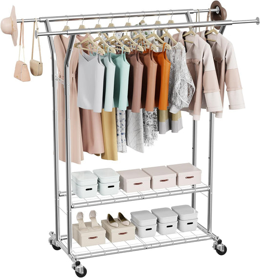 VEVOR Clothes Rack, Rolling Clothing Garment Rack, Extendable Carbon Steel Clothing Racks with Wheels for Bedroom, Laundry, Living Room