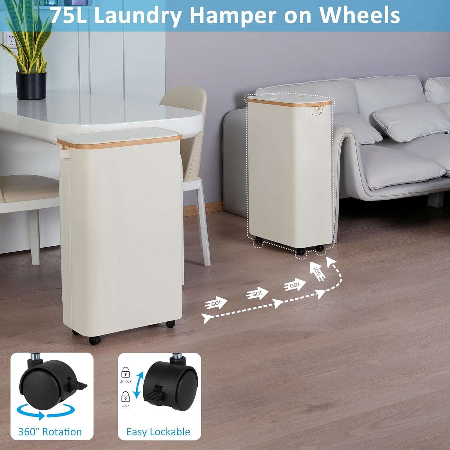 efluky Slim Laundry Hamper with Wheels, Narrow Laundry Basket with Lid and Removable Bag, Aesthetic Dirty Clothes Hamper on Wheels for Laundry Room, Bedroom, Dorm and Bathroom, 75L Beige