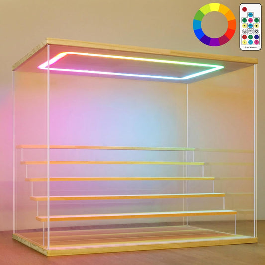 NONEMEY Clear Acrylic Display Case with Light ,3/4/5/6 Tier Multiple Color Lights via Remote Control Dustproof Display Box for Collectibles Figures Mini Toys (6 Tiers 19.6 * 12.5 * 16.5inch)