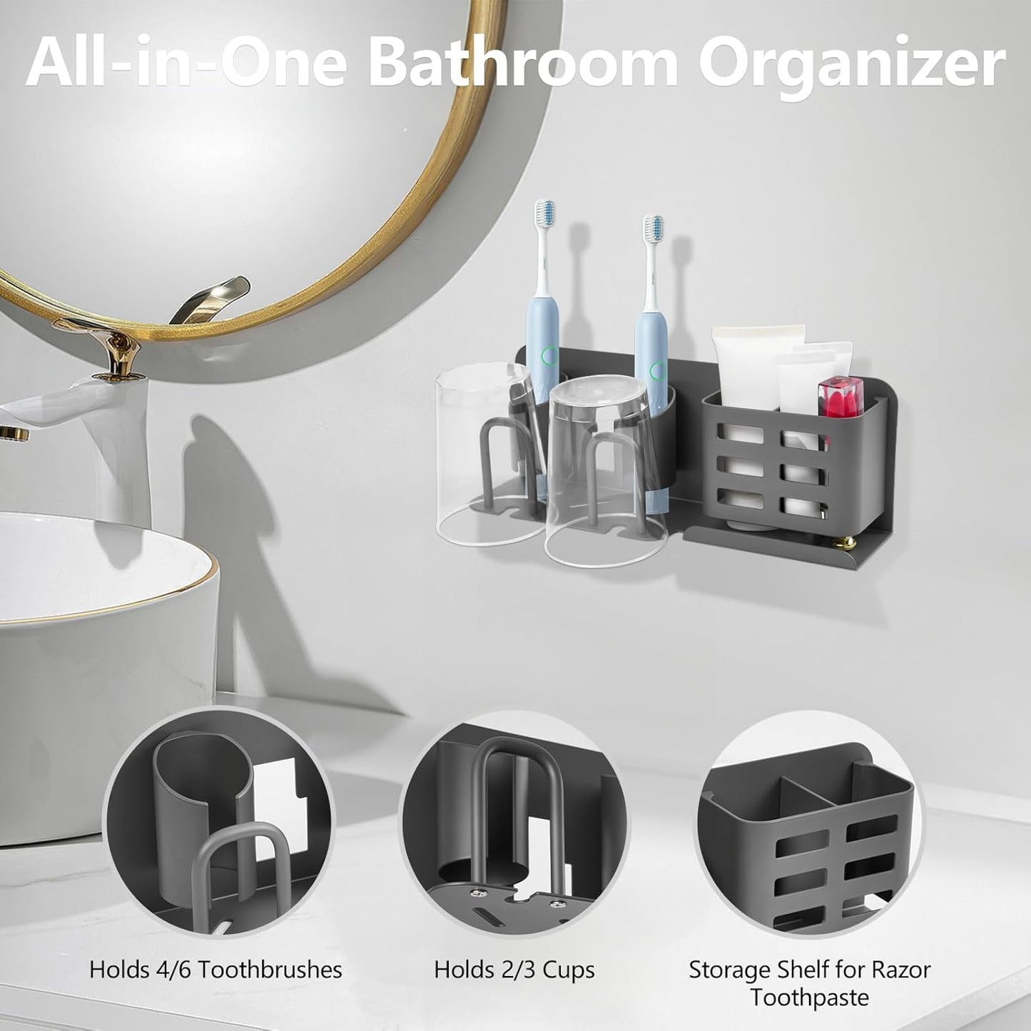Electric Toothbrush Holder Wall Mounted, Aluminum Bathroom Organizer with No Drill - Holds 6 Toothbrushes & Toothpaste (3 Slots)