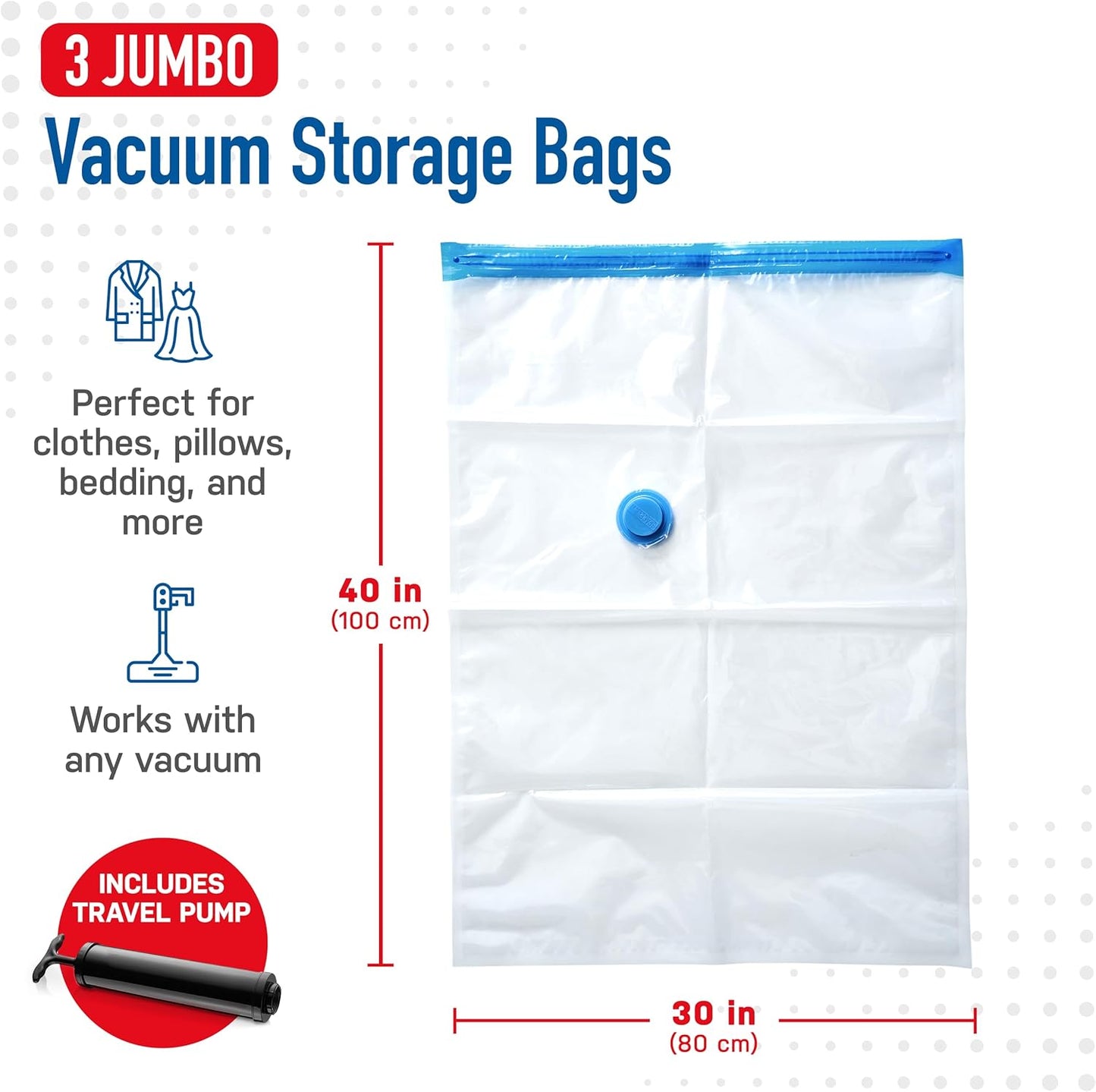 Spacesaver 3 Pack Jumbo Vacuum Storage Bags - 40" x 30 Heavy Duty Blanket Storage Bag with Pump - Space Saver for Clothes, Comforters, and Bedding - Compression Bags to Store Blankets for Travel