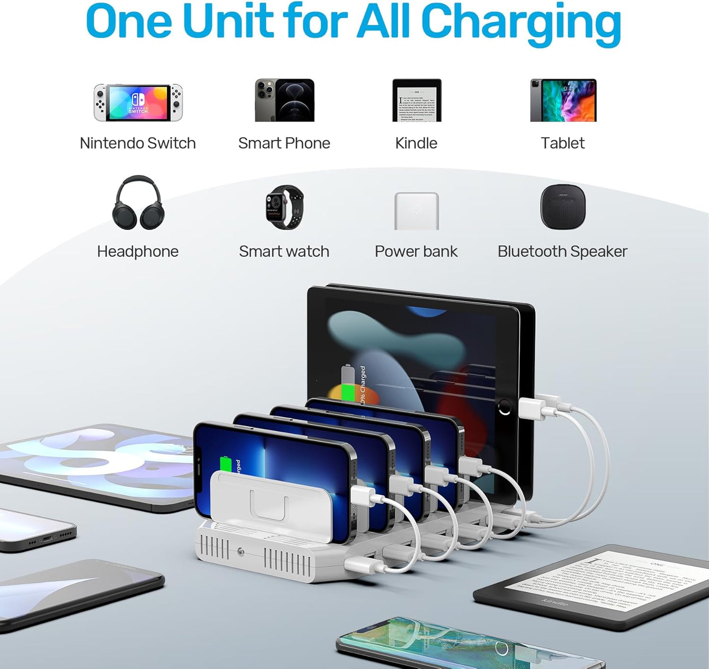 【5PCS】 Unitek Multi Charging Station, 10-Port USB Charger for Multiple Device with SmartIC Tech and Adjustable Dividers, Organizer Stand Compatible with iPad, Tablet, Kindle, iPhone - 5PCS, White