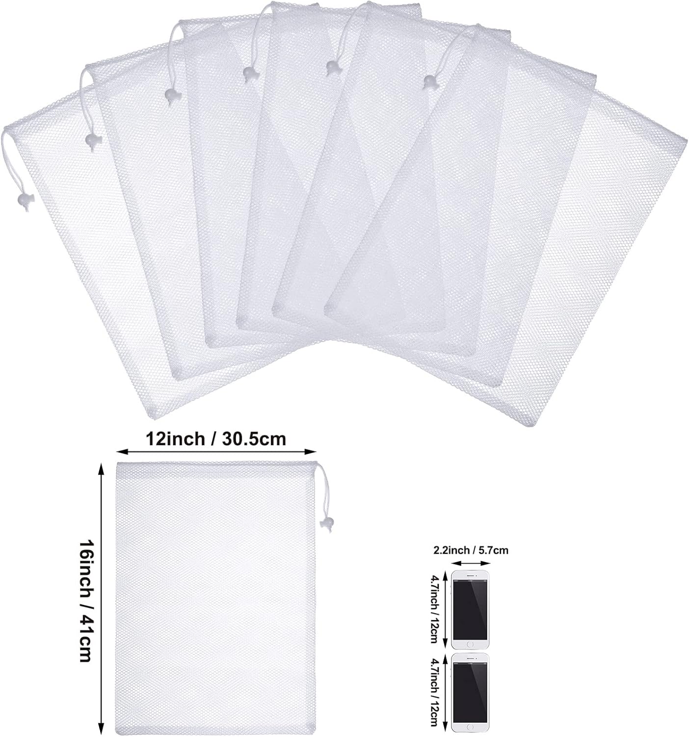 TecUnite 10 Pcs Mesh Bags Drawstring Laundry Bags Large Nylon Mesh Gift Dishwasher Bag with Sliding Drawstring for Kitchen Jewelry Gifts Wedding Favor Home(12 x 16 Inch,White)
