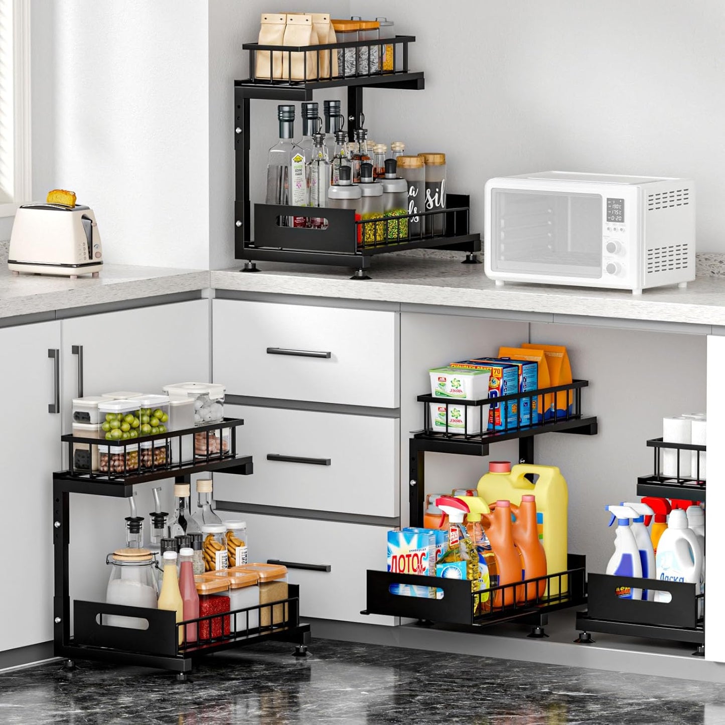 Under Sink Organizer, 2-Tier Pull Out Cabinet Drawer with Adjustable Height 13.7-17.1", Kitchen Bathroom Storage Rack, Heavy Duty Metal Sliding Basket Shelf