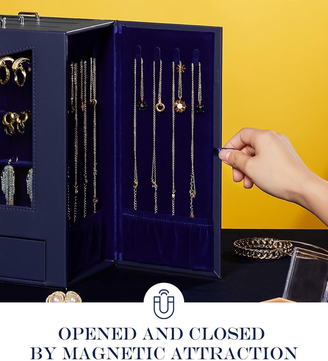 Homde Jewelry Organizer with Transparent Window Necklace Hooks Gift for Women Jewelry Box Display Case for Necklaces Rings Earrings Bracelets and Other Accessories (Dark Blue)