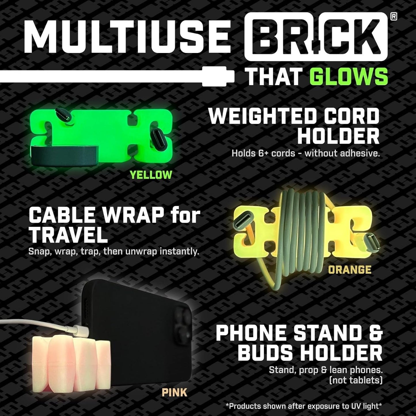 GlowBrick Stocking Stuffers for Adults Cord Management Weighted Cord Holder Cable Wrap Phone Stand - Glow-in-The-Dark Gadget Organizer for Nightstand. Gift for Men, Silicone. 4pk Yellow Glow