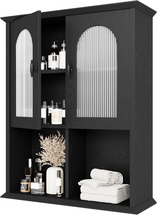 CJL Bathroom Wall Cabinet with Fluted Door, 23.6'' x 29.5'' Medicine Cabinet, Over The Toilet Storage Cabinet, Black