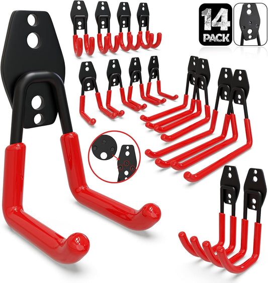 3-H Garage Wall Hooks 14 Pack,Garage Hooks Heavy Duty with Extra Welding Spots,Garage Hooks for Hanging,Garage Organizer for Garden,Lawn,Yard Tools,Chairs,Ladders,WeedEater,Shovel,Blower(Red)