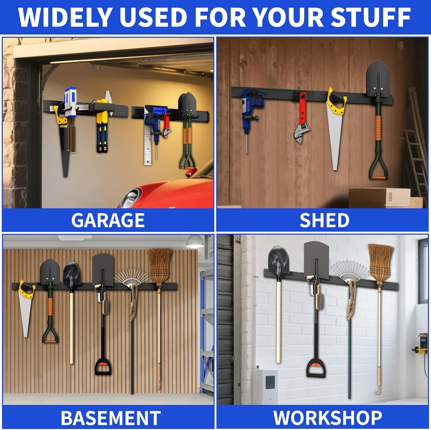 Garden Tool Organizer Wall Mount, 48inch Heavy Duty Garden Tool organizer Storage System, Easy Install With 7 Adjustable Hooks, For Garage, Basement, Shed, Workshop(Black)
