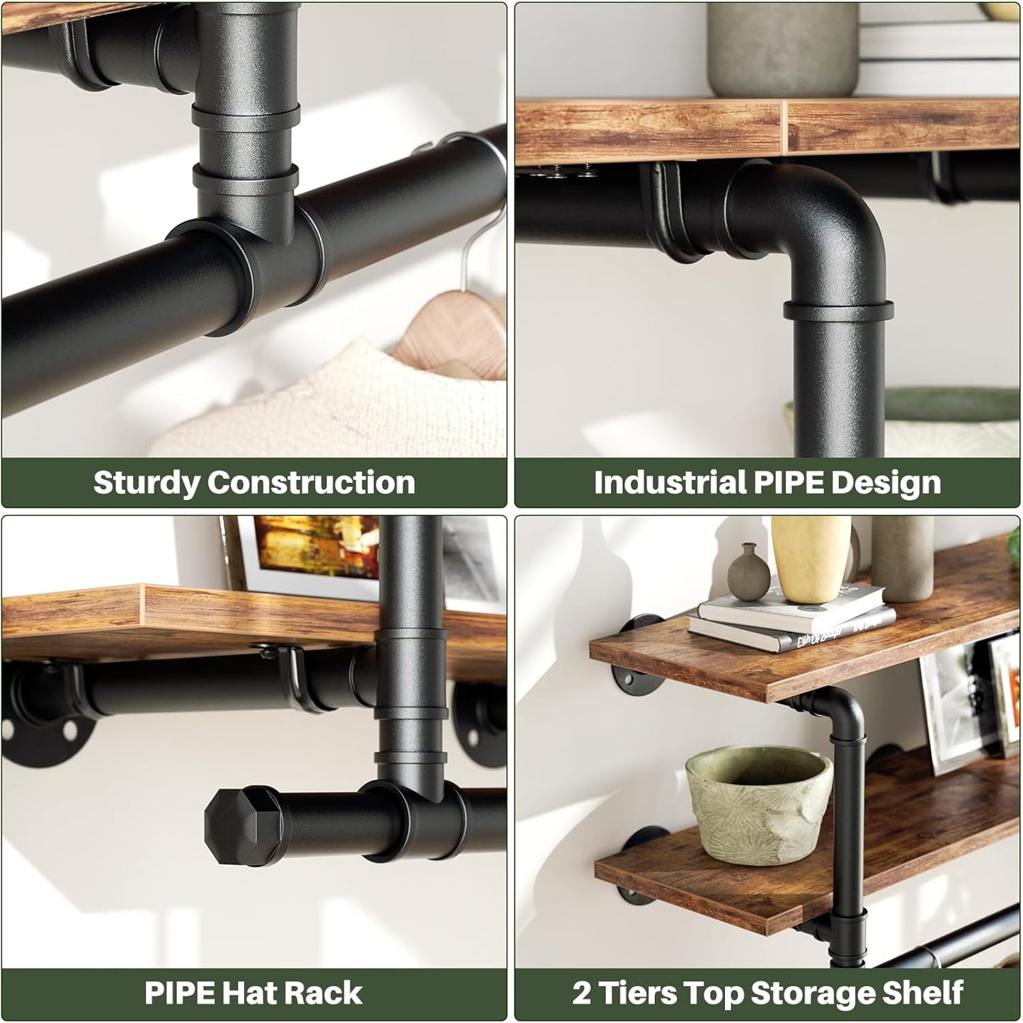 Aheaplus Industrial Pipe Clothes Rack with Top Shelf, 73In Space-Saving Wall Mounted Clothing Rack, 2 Tiers Heavy Duty Pipe Clothing Shelves with Hanging Rod for Laundry Room, Closet, Rustic Brown