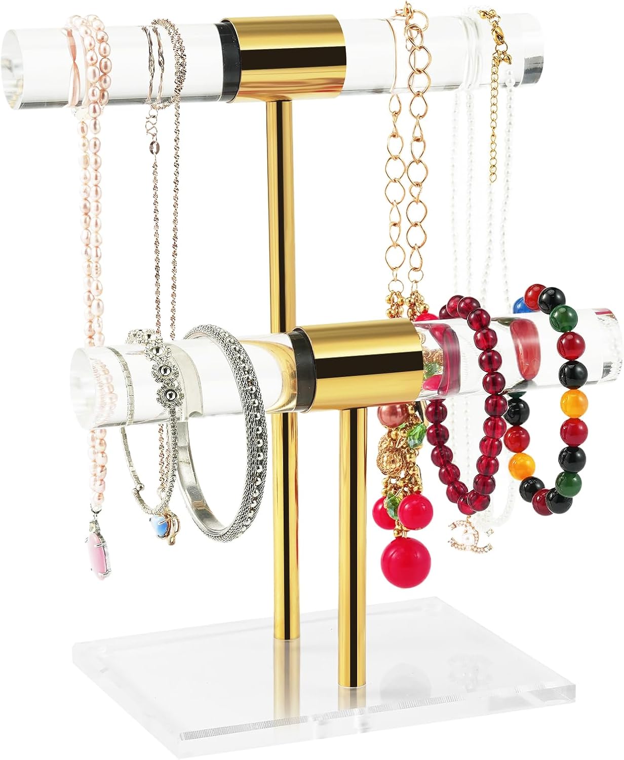 Acrylic Bracelet Holder, Necklace Holder Display Stand, 2 Tier T-Bar Jewelry Organizer, Stainless Rod Tangle-free Countertop Jewelry Rack for Vendors Retail Store Home, Gfit for Women