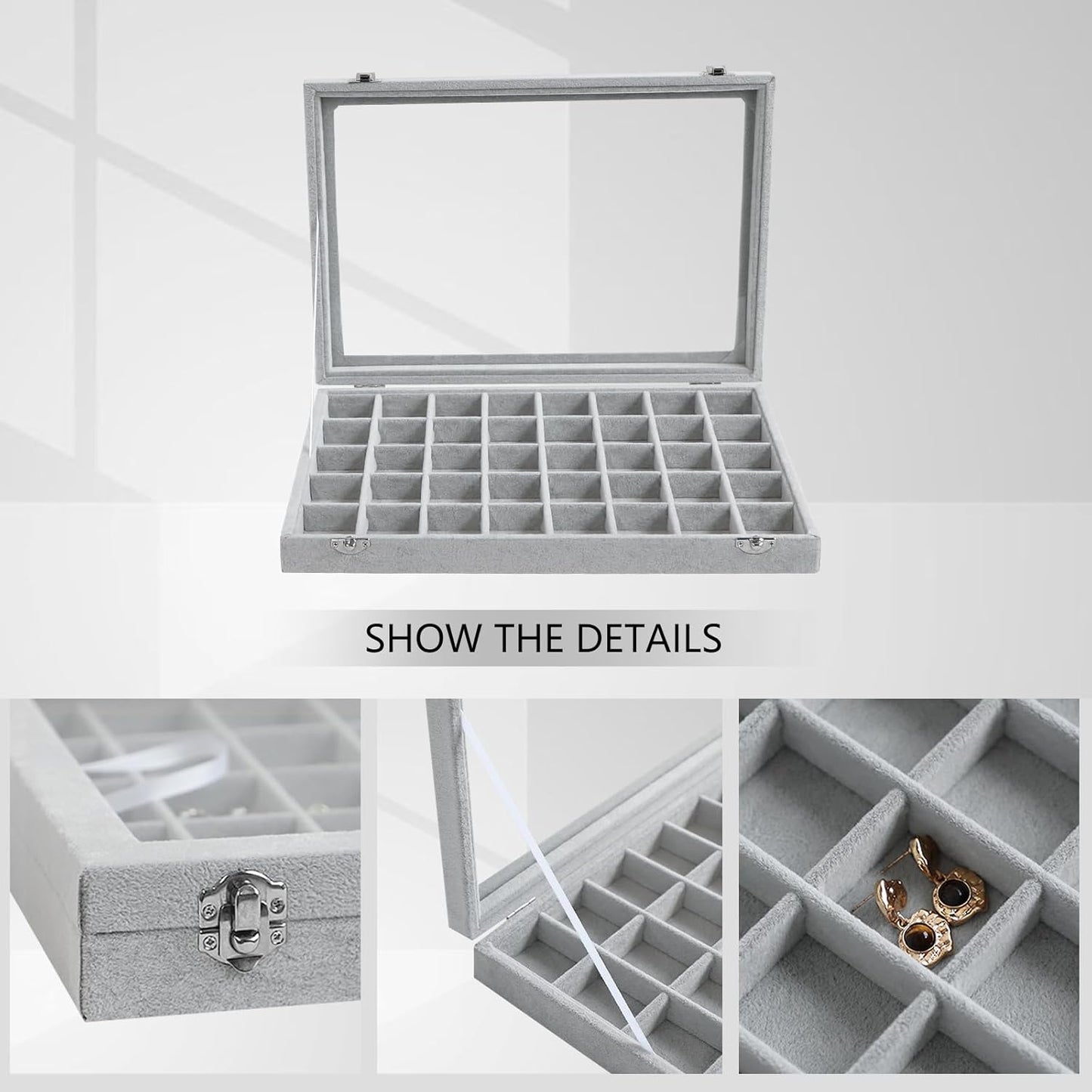 Wudygirl Jewelry Organizer Velvet Jewelry Box 40 Grid Earring Holder Organizer with Lid Ring Holder Ring Display Case Adjustable (Gray)