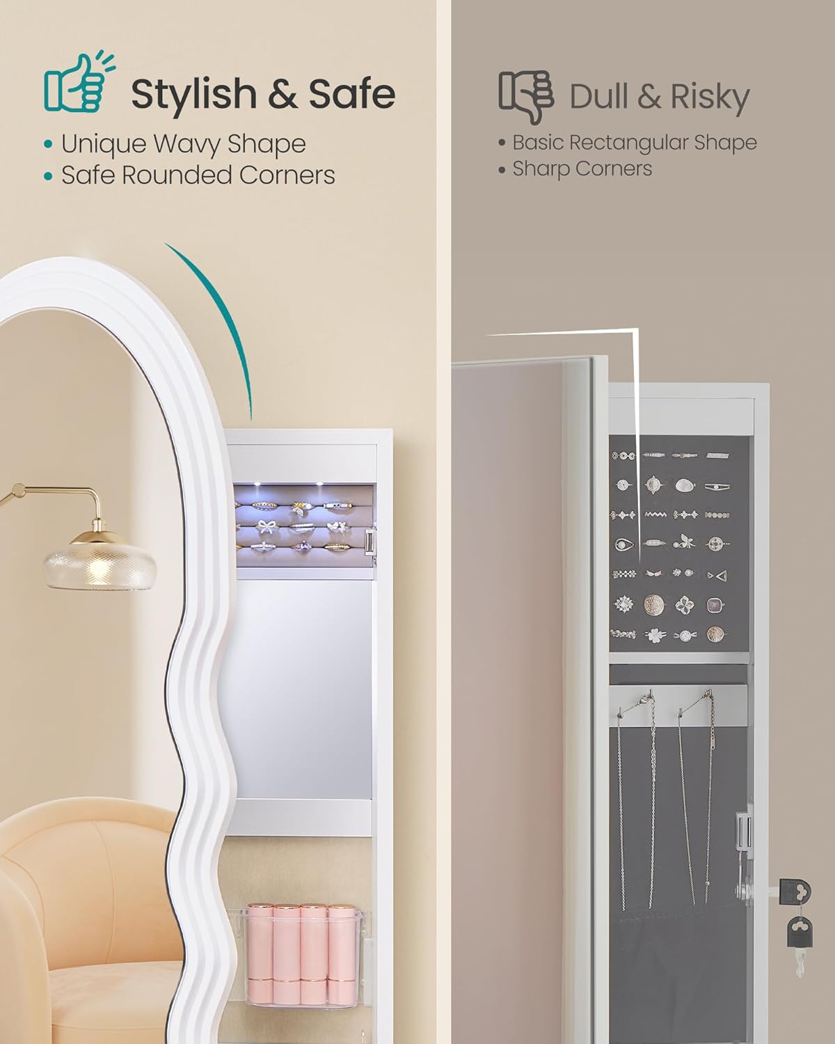 SONGMICS Mirror Jewelry Cabinet Wall Mounted Over the Door, Hanging LED Jewelry Organizer, Lockable Wavy Wide Mirror with Storage, Interior Lights, 3.9 x 16.5 x 42.5 Inches, White UJJC031W01