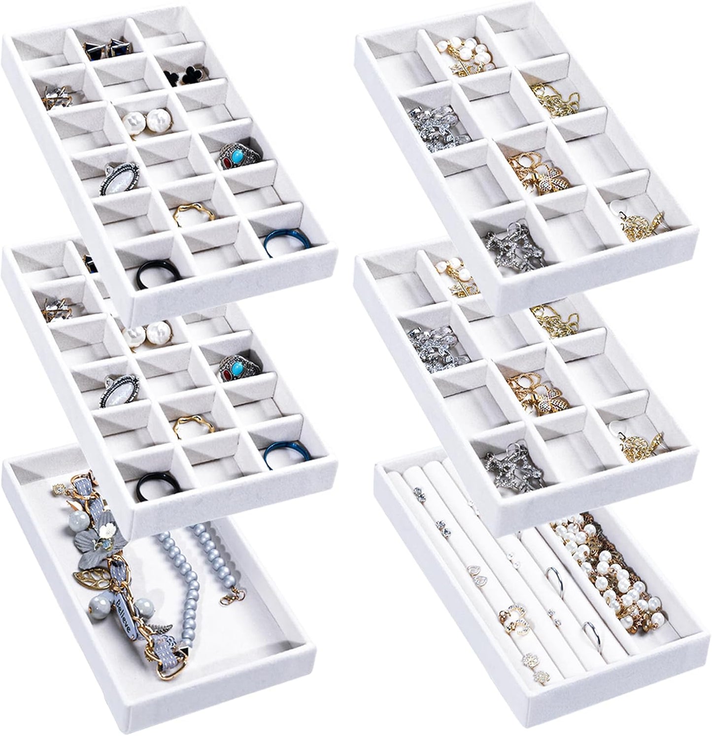 Frebeauty Jewelry Organizer Tray,Stackable Velvet Jewelry Trays,Drawer Inserts Earring Organizer For Women Jewelry Storage Display Case for Rings Stud Necklaces,Set of 6(White)