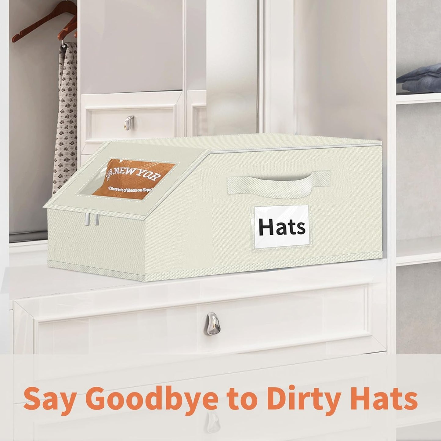 Hat Organizer for Baseball Caps - 2PCS Stackable Storage with Clear Window Lid, Flip-Top Access, Space-Saving Hat Box for Closet, Breathable Fabric (beige)