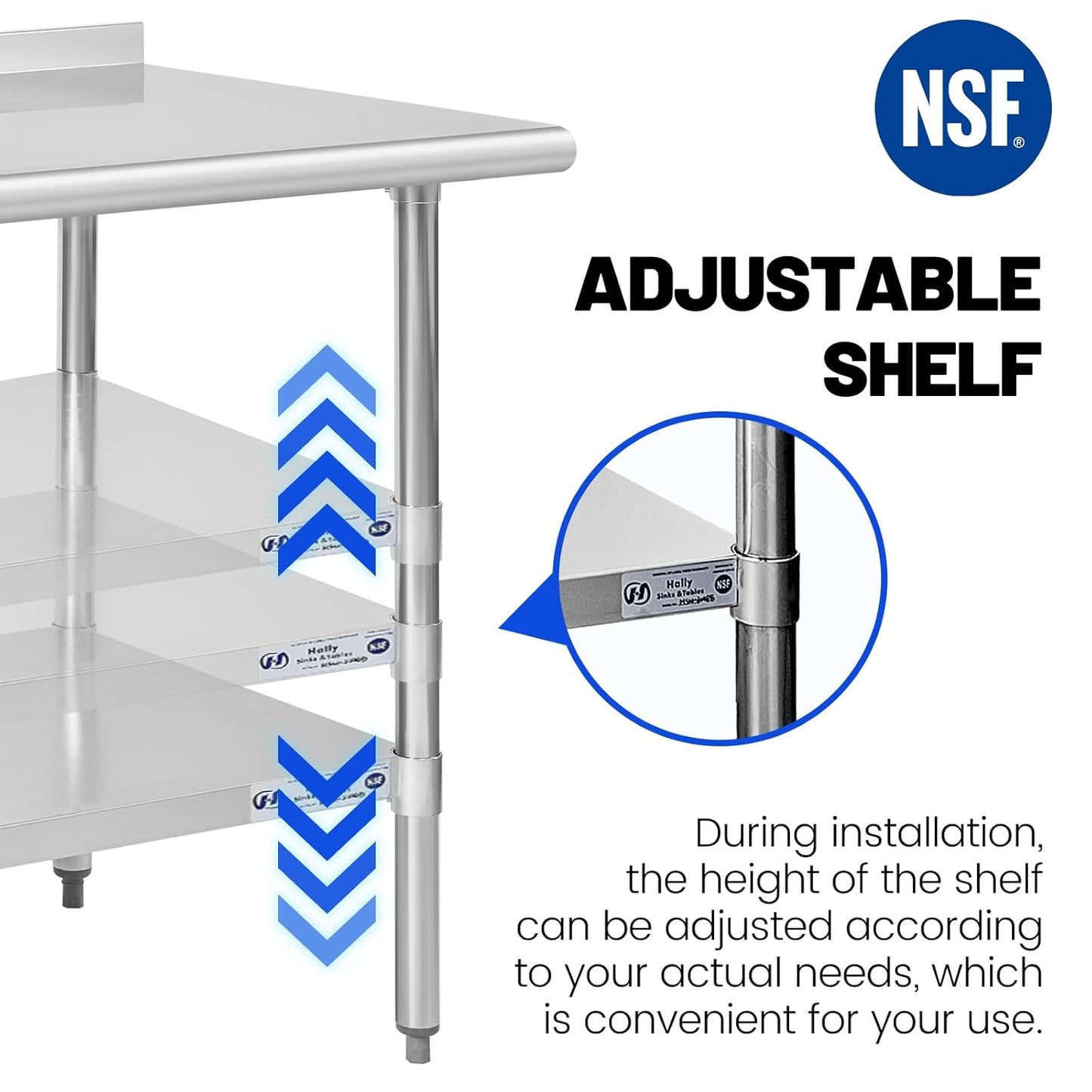 Hally Stainless Steel Table for Prep & Work 24 x 36 Inches, Commercial Heavy Duty Table with Undershelf and Backsplash for Restaurant, Home and Hotel