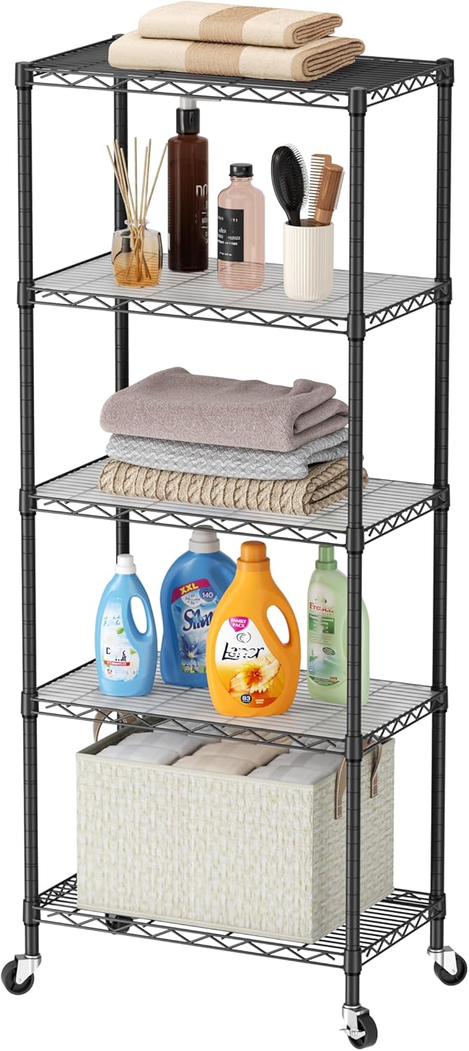 SINGAYE Shelf Closet Wire Shelving：Adjustable Metal Unit for Laundry Room Organization Bathroom Kitchen Home Storage with Wheels Pantry Rack Shelves