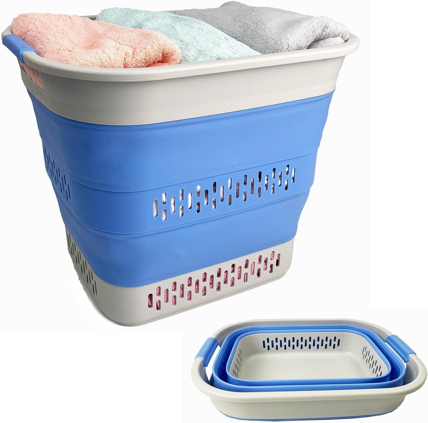 SAMMART 40L (10.5 Gallon) Collapsible Plastic Laundry Basket - Foldable Pop Up Storage Container/Organizer - Portable Laundry Hamper - Space Saving (1, Grey/Little Boy Blue)