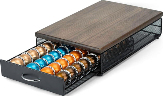 for Vertuo Coffee Capsule Storage Drawer Compatible with Nespresso Vertuoline Pods Holder Metal and Wood Top Organizer (can hold 40 Pods)