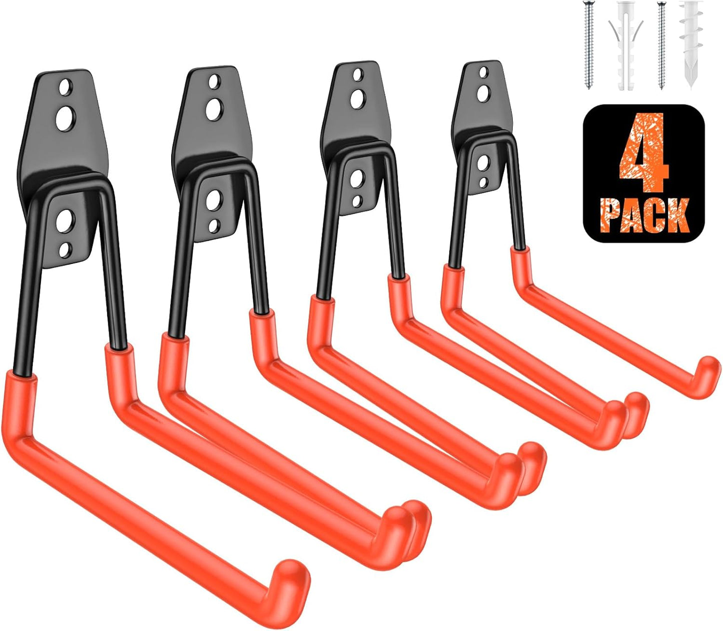 4 Pack Heavy Duty Garage Hooks,Solid Steel Wall Mount Hangers,with Anti-Slip Coating,for Hanging and Organising Ladder,Bike,Ropes,Broom,Garden,Yard and Power Tools(5.2x5.1 inch)